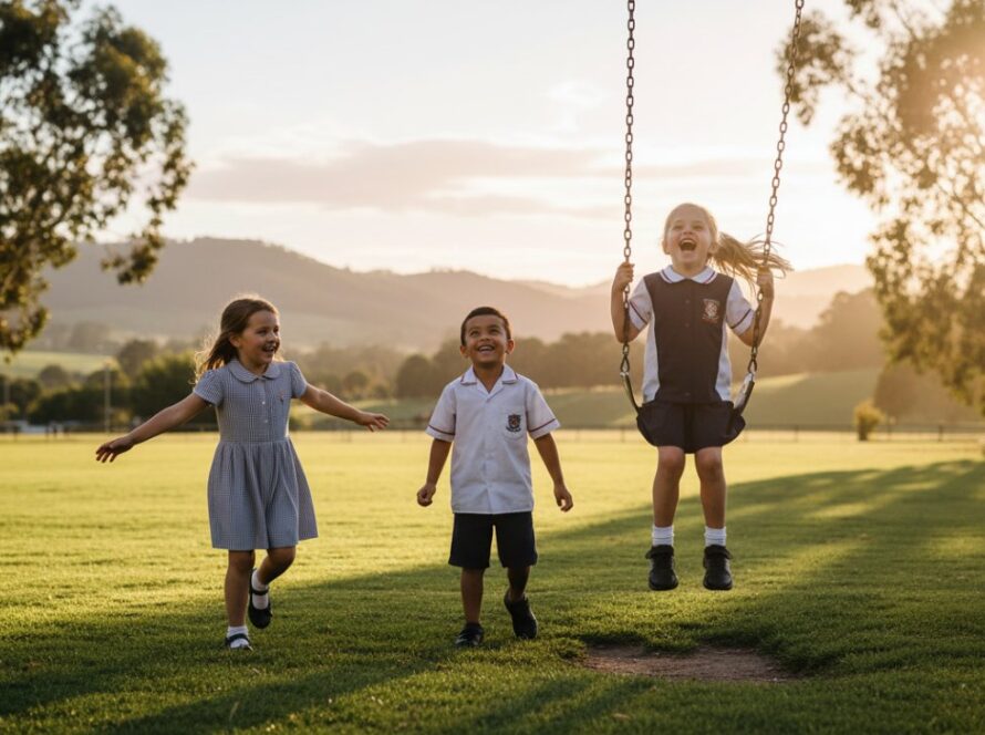An emotive, cinematic photograph capturing authentic school memories Seville East, showing three beaming primary school children in their uniforms, sharing a joyful, candid moment on a sunny playground, with the soft, rolling hills of the Yarra Valley in the background. The sunlight glows behind them, highlighting their excited expressions.