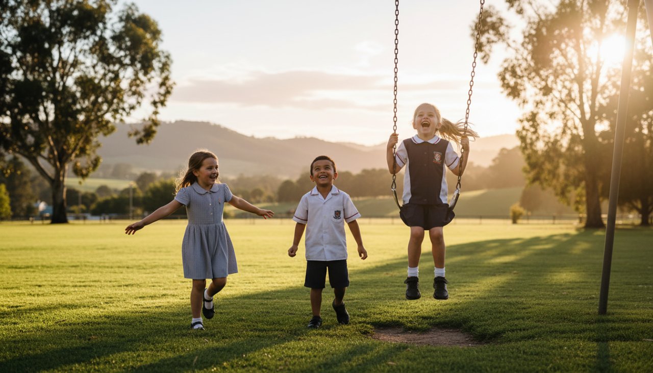 An emotive, cinematic photograph capturing authentic school memories Seville East, showing three beaming primary school children in their uniforms, sharing a joyful, candid moment on a sunny playground, with the soft, rolling hills of the Yarra Valley in the background. The sunlight glows behind them, highlighting their excited expressions.