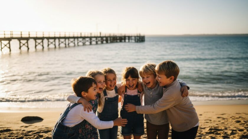 Vibrant, candid photograph of a group of primary school children in Sorrento, Victoria, laughing and interacting joyfully by the iconic Sorrento foreshore with its historic jetty in the background, encapsulating the essence of Capturing Authentic School Memories Sorrento Victoria. The image showcases natural light, genuine smiles, and the beautiful coastal environment.