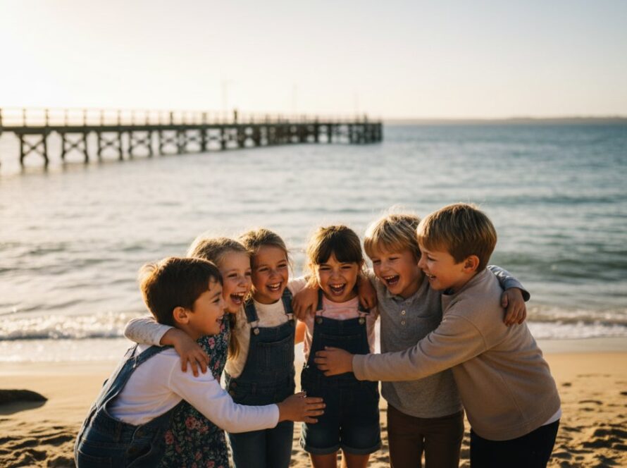 Vibrant, candid photograph of a group of primary school children in Sorrento, Victoria, laughing and interacting joyfully by the iconic Sorrento foreshore with its historic jetty in the background, encapsulating the essence of Capturing Authentic School Memories Sorrento Victoria. The image showcases natural light, genuine smiles, and the beautiful coastal environment.