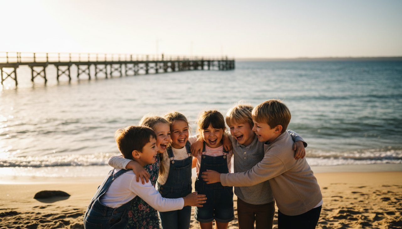 Vibrant, candid photograph of a group of primary school children in Sorrento, Victoria, laughing and interacting joyfully by the iconic Sorrento foreshore with its historic jetty in the background, encapsulating the essence of Capturing Authentic School Memories Sorrento Victoria. The image showcases natural light, genuine smiles, and the beautiful coastal environment.
