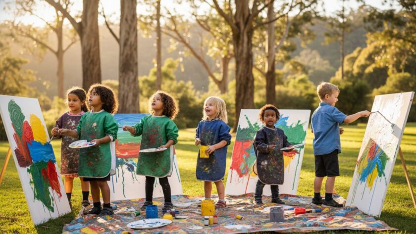A vibrant, candid 'epic moment' photograph of a group of excited primary school children in Upwey, Victoria, laughing and interacting during an outdoor activity, with the natural beauty of the Dandenong Ranges foothills softly blurred in the background, perfectly capturing authentic school memories Upwey Victoria.