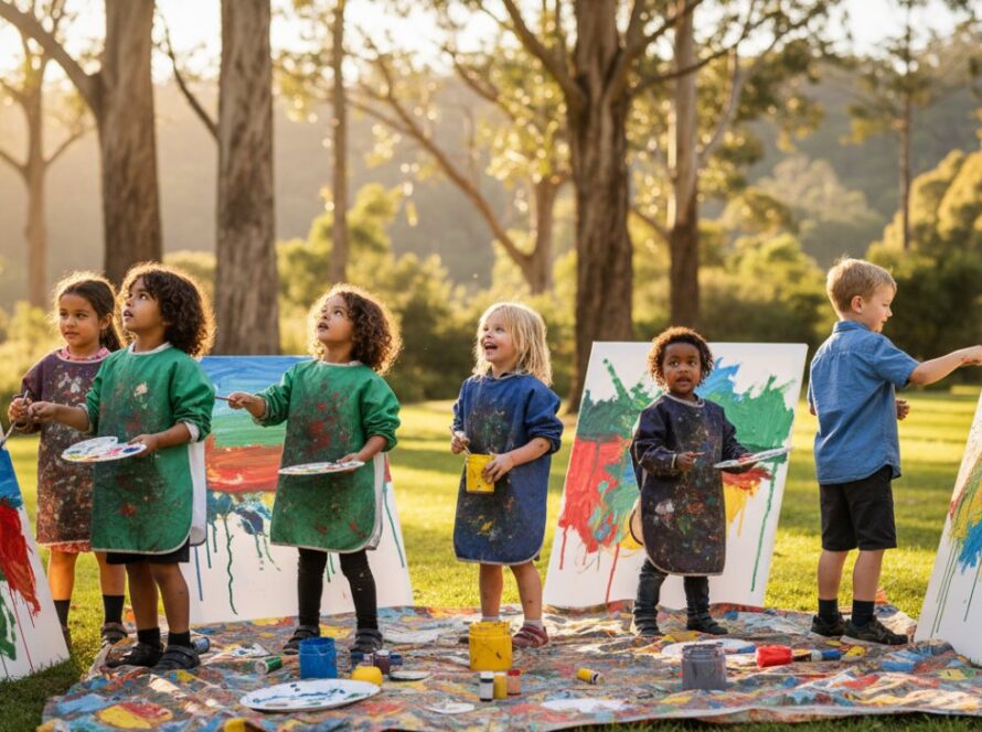 A vibrant, candid 'epic moment' photograph of a group of excited primary school children in Upwey, Victoria, laughing and interacting during an outdoor activity, with the natural beauty of the Dandenong Ranges foothills softly blurred in the background, perfectly capturing authentic school memories Upwey Victoria.
