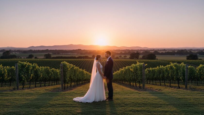 An emotional newlywed couple shares a tender kiss, silhouetted against a breathtaking golden hour sunset illuminating the rolling vineyards of Seville East, Victoria. This image perfectly encapsulates Capturing Authentic Seville East Vineyard Wedding Photography, showing a magical and intimate moment.