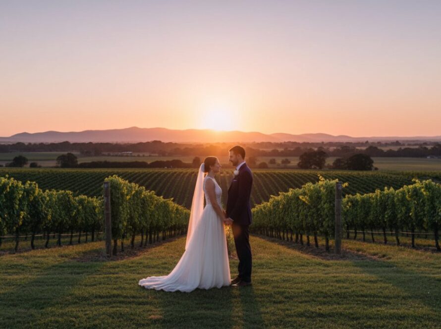 An emotional newlywed couple shares a tender kiss, silhouetted against a breathtaking golden hour sunset illuminating the rolling vineyards of Seville East, Victoria. This image perfectly encapsulates Capturing Authentic Seville East Vineyard Wedding Photography, showing a magical and intimate moment.