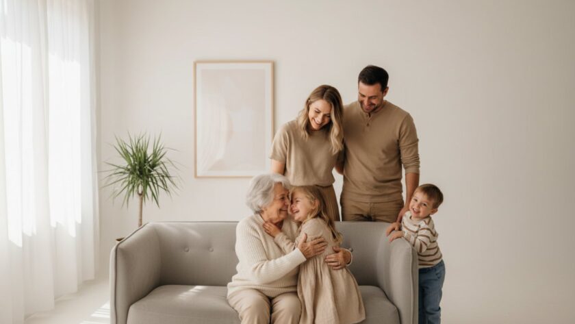 A heartwarming, candid photograph capturing authentic studio portraits Selby families, featuring a family of four laughing joyously together in a sun-drenched, minimalistic studio setting with soft natural light, showcasing genuine connection and love.