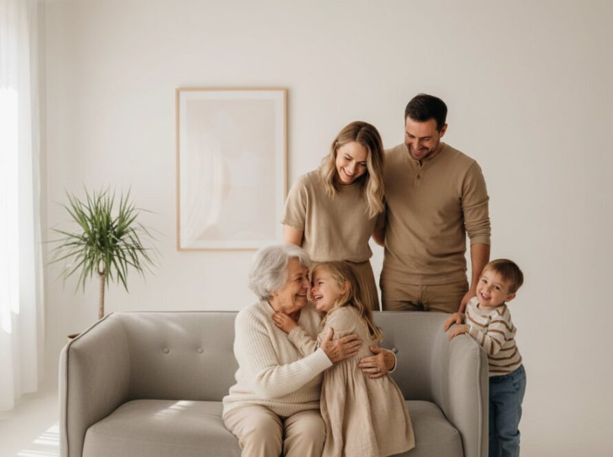 A heartwarming, candid photograph capturing authentic studio portraits Selby families, featuring a family of four laughing joyously together in a sun-drenched, minimalistic studio setting with soft natural light, showcasing genuine connection and love.