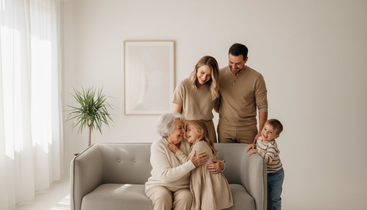 A heartwarming, candid photograph capturing authentic studio portraits Selby families, featuring a family of four laughing joyously together in a sun-drenched, minimalistic studio setting with soft natural light, showcasing genuine connection and love.