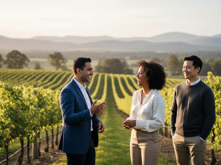 An inspiring wide shot of a successful business professional, mid-laughter during a casual outdoor meeting in Woori Yallock, showcasing their approachable yet confident demeanour, perfectly illustrating the impact of capturing authentic Woori Yallock corporate portraits.