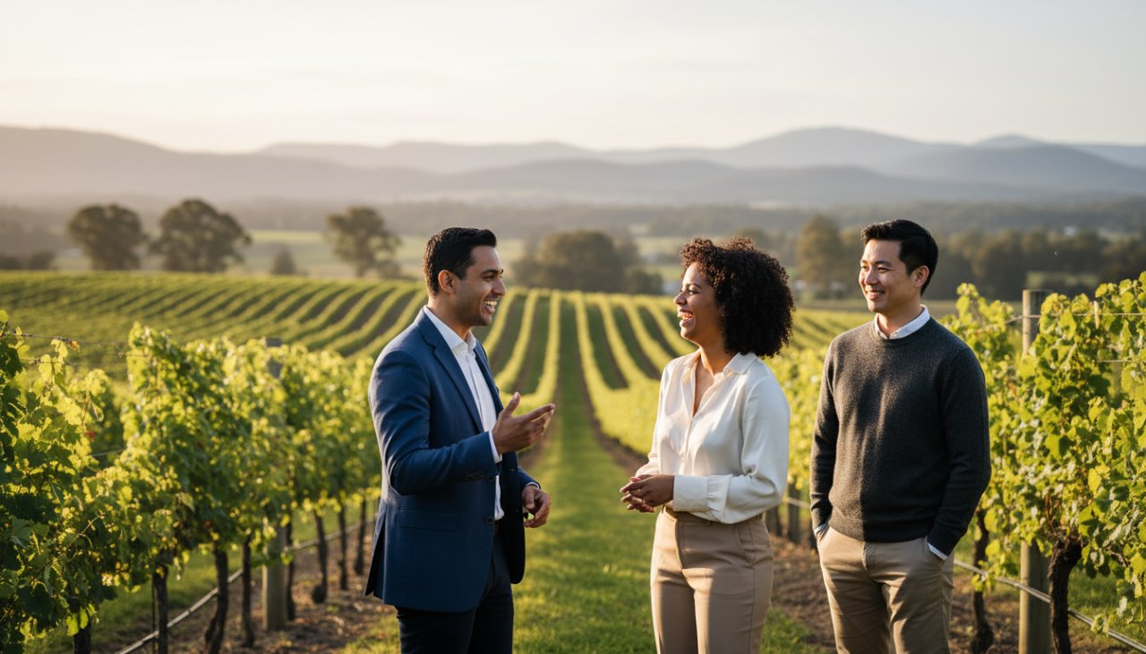 An inspiring wide shot of a successful business professional, mid-laughter during a casual outdoor meeting in Woori Yallock, showcasing their approachable yet confident demeanour, perfectly illustrating the impact of capturing authentic Woori Yallock corporate portraits.