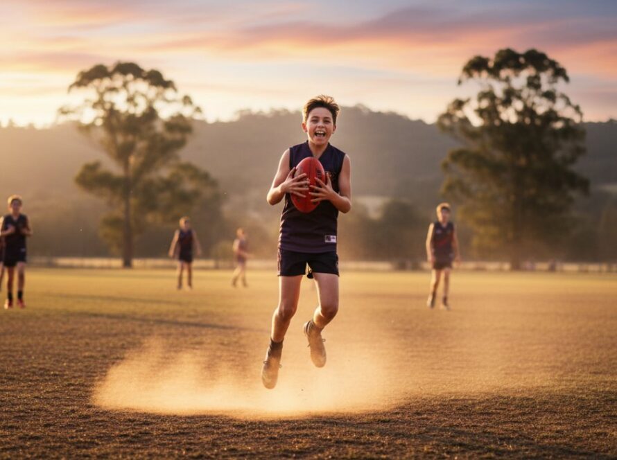 A powerful wide-angle shot of a young athlete mid-air, scoring a winning goal during an intense soccer match in Avonsleigh, Victoria, showcasing the electrifying energy of Capturing Avonsleigh sporting moments Victoria under dramatic evening light.