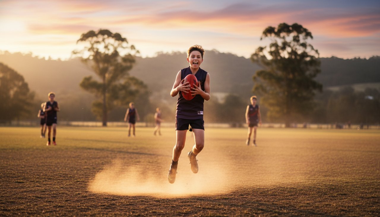 A powerful wide-angle shot of a young athlete mid-air, scoring a winning goal during an intense soccer match in Avonsleigh, Victoria, showcasing the electrifying energy of Capturing Avonsleigh sporting moments Victoria under dramatic evening light.