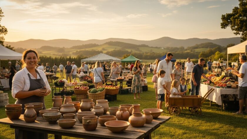 A sweeping editorial photograph capturing Avonsleigh's essence through editorial photography, showing a vibrant community event in front of rolling hills at sunset, highlighting local produce and cheerful faces, bathed in golden light.