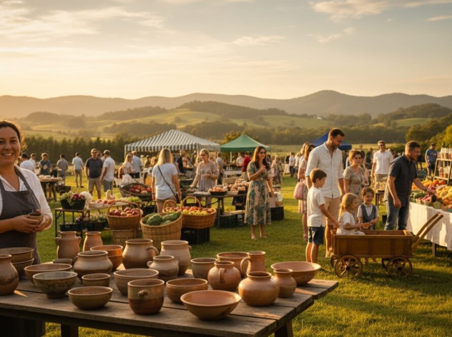 A sweeping editorial photograph capturing Avonsleigh's essence through editorial photography, showing a vibrant community event in front of rolling hills at sunset, highlighting local produce and cheerful faces, bathed in golden light.
