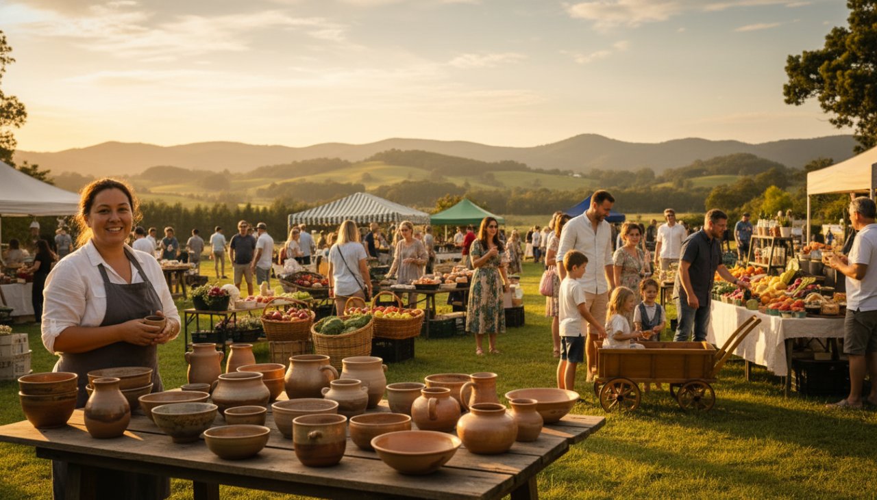 A sweeping editorial photograph capturing Avonsleigh's essence through editorial photography, showing a vibrant community event in front of rolling hills at sunset, highlighting local produce and cheerful faces, bathed in golden light.