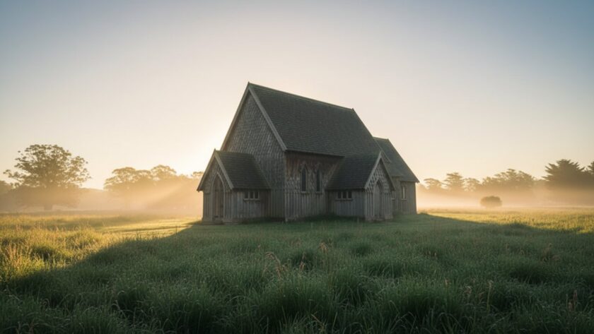 A wide-angle, cinematic photograph at dawn, showing the majestic, weathered timber facade of a historic Avonsleigh farmstead, bathed in golden light, perfectly illustrating capturing Avonsleigh's unique timber heritage photography.