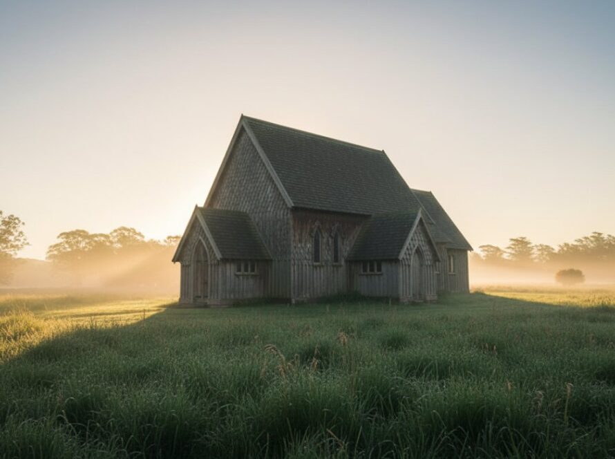 A wide-angle, cinematic photograph at dawn, showing the majestic, weathered timber facade of a historic Avonsleigh farmstead, bathed in golden light, perfectly illustrating capturing Avonsleigh's unique timber heritage photography.