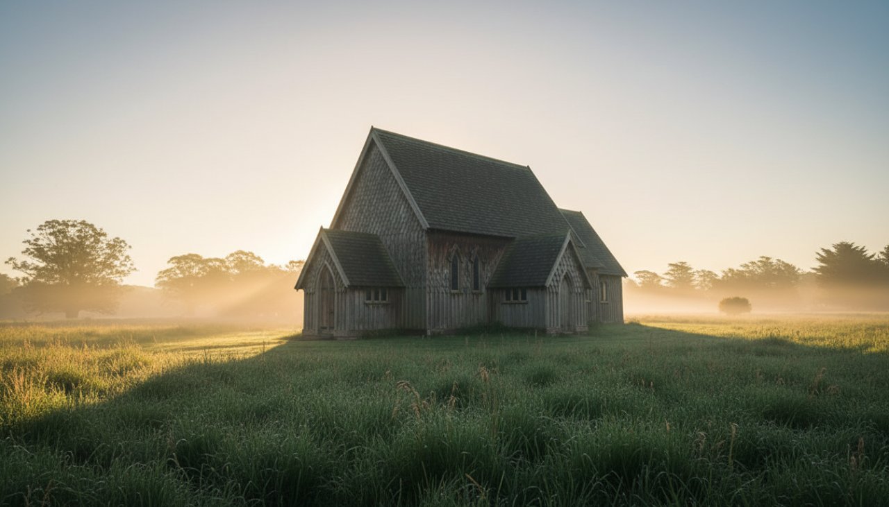 A wide-angle, cinematic photograph at dawn, showing the majestic, weathered timber facade of a historic Avonsleigh farmstead, bathed in golden light, perfectly illustrating capturing Avonsleigh's unique timber heritage photography.