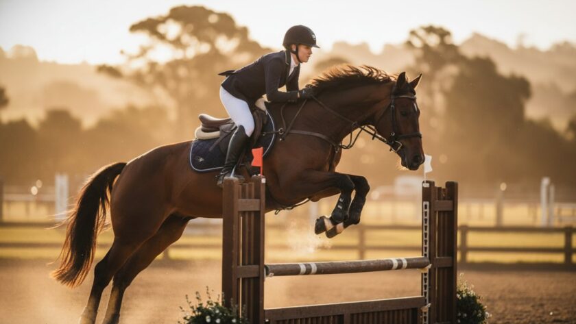 Dramatic shot of a rider and horse mid-jump at a Balnarring equestrian event, perfectly Capturing Balnarring Equestrian Sports Photography Dynamic Moments with golden hour light.