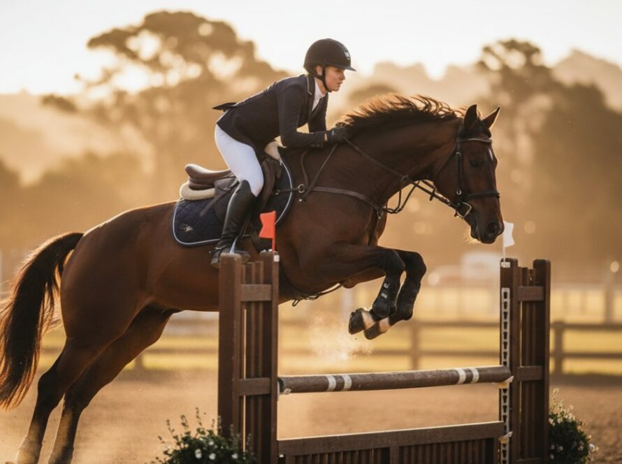 Dramatic shot of a rider and horse mid-jump at a Balnarring equestrian event, perfectly Capturing Balnarring Equestrian Sports Photography Dynamic Moments with golden hour light.