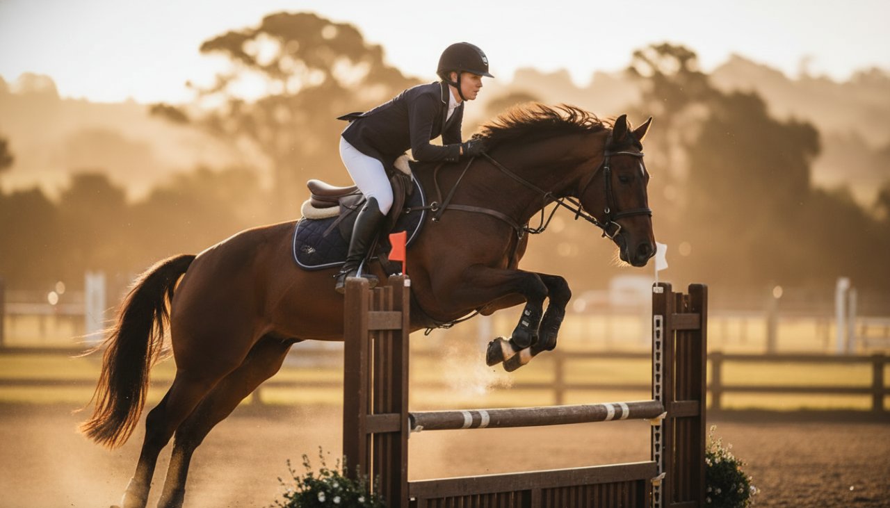 Dramatic shot of a rider and horse mid-jump at a Balnarring equestrian event, perfectly Capturing Balnarring Equestrian Sports Photography Dynamic Moments with golden hour light.