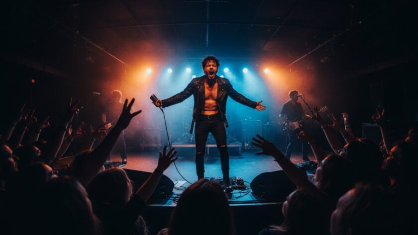 Dynamic shot capturing Belgrave's live music magic with concert photography, featuring a lead singer bathed in vibrant stage lights, their silhouette against a smoke-filled backdrop, engaging a cheering crowd.