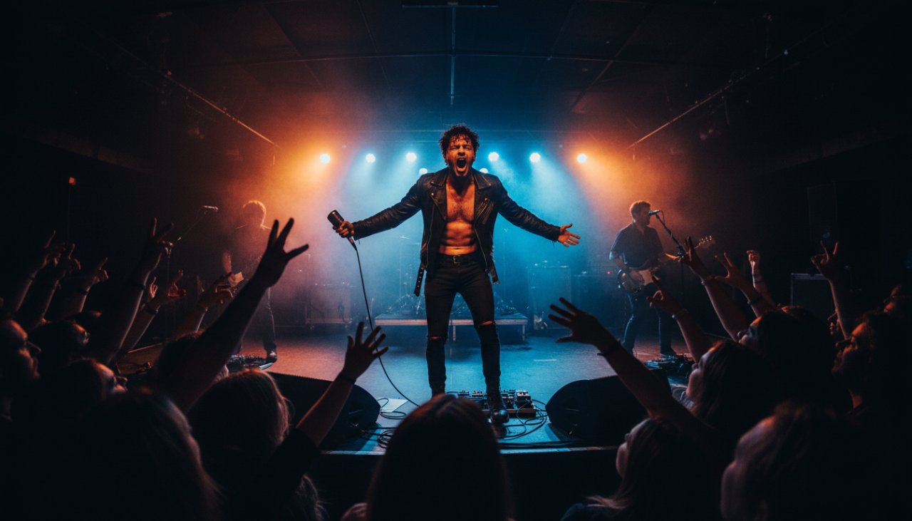 Dynamic shot capturing Belgrave's live music magic with concert photography, featuring a lead singer bathed in vibrant stage lights, their silhouette against a smoke-filled backdrop, engaging a cheering crowd.