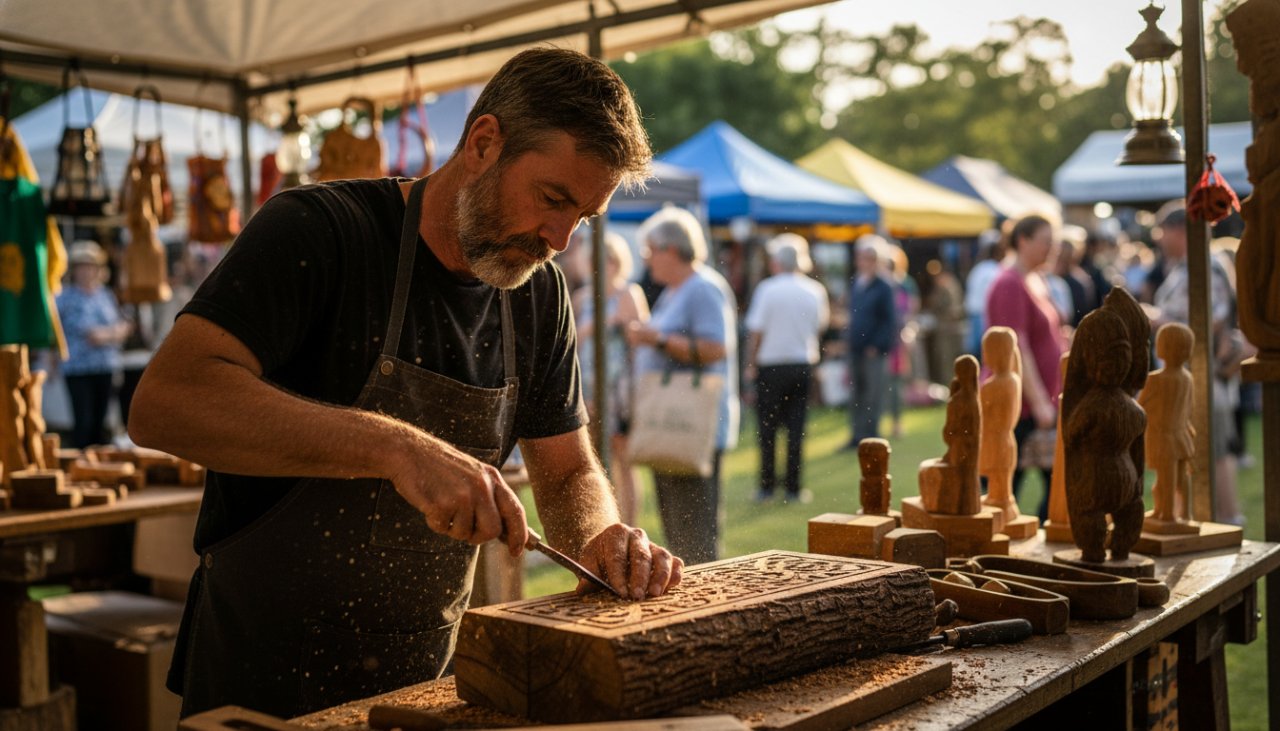 An epic moment capturing Bittern Victoria's editorial photography essence, showing a local artisan intensely focused on their craft at Bittern Market, with natural light highlighting their work and the vibrant market atmosphere in the background.