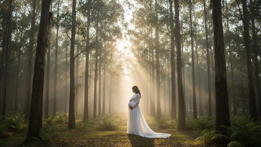 A glowing expectant mother in a flowing white gown stands silhouetted by soft golden hour light amidst the tall, misty eucalyptus trees of Ferny Creek, Victoria, gently cradling her baby bump. This evokes the magic of Capturing Breathtaking Ferny Creek Maternity Photos.