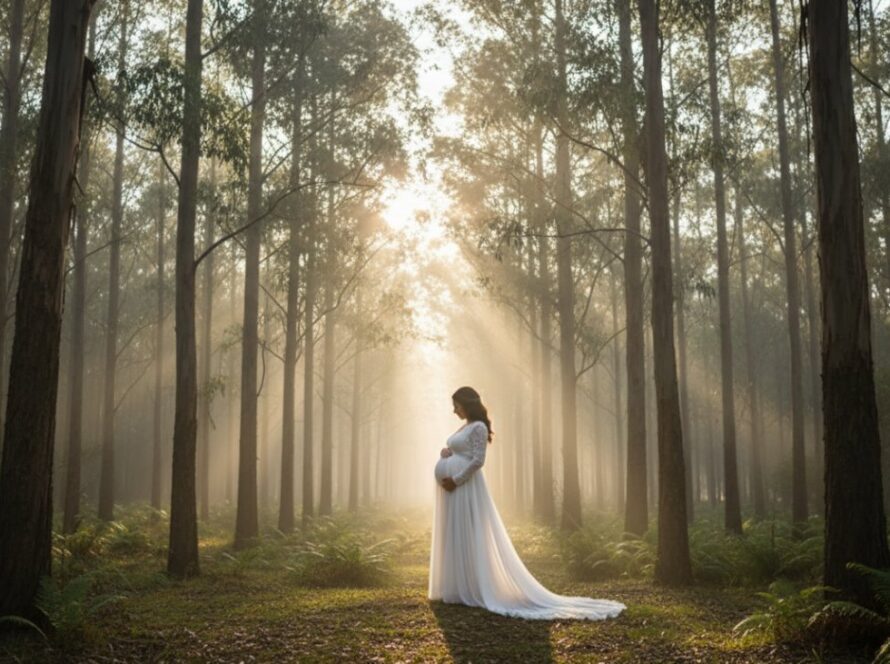 A glowing expectant mother in a flowing white gown stands silhouetted by soft golden hour light amidst the tall, misty eucalyptus trees of Ferny Creek, Victoria, gently cradling her baby bump. This evokes the magic of Capturing Breathtaking Ferny Creek Maternity Photos.
