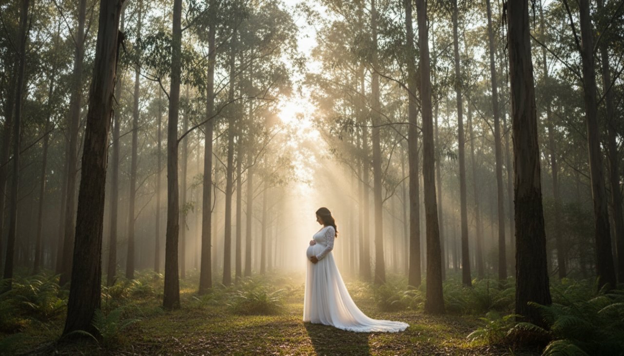 A glowing expectant mother in a flowing white gown stands silhouetted by soft golden hour light amidst the tall, misty eucalyptus trees of Ferny Creek, Victoria, gently cradling her baby bump. This evokes the magic of Capturing Breathtaking Ferny Creek Maternity Photos.