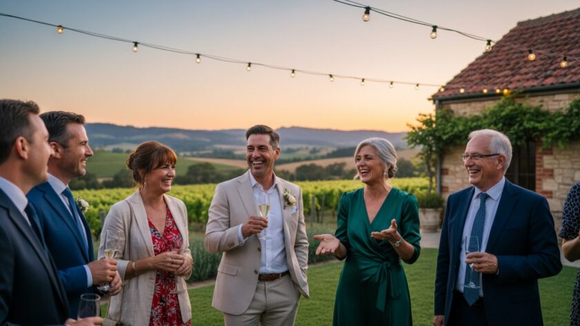 A vibrant, candid photograph capturing candid event photography Gruyere Yarra Valley joy, featuring guests laughing and toasting under string lights at a rustic venue, with the rolling vineyards in the background at sunset, evoking a genuine sense of celebration and connection.