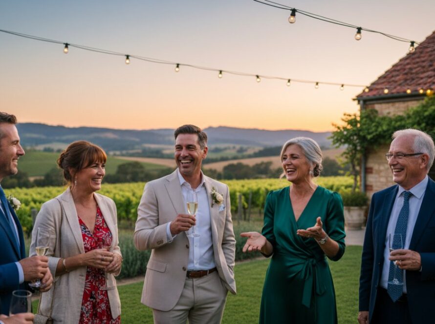 A vibrant, candid photograph capturing candid event photography Gruyere Yarra Valley joy, featuring guests laughing and toasting under string lights at a rustic venue, with the rolling vineyards in the background at sunset, evoking a genuine sense of celebration and connection.