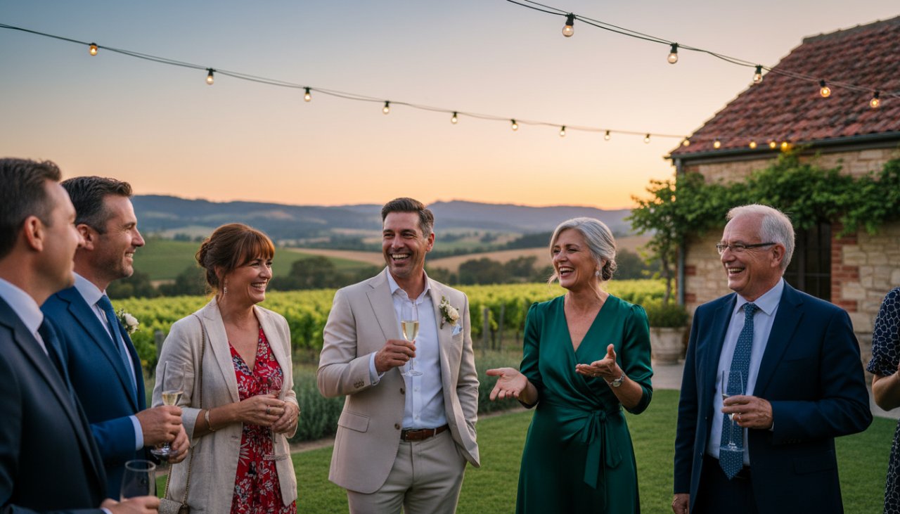 A vibrant, candid photograph capturing candid event photography Gruyere Yarra Valley joy, featuring guests laughing and toasting under string lights at a rustic venue, with the rolling vineyards in the background at sunset, evoking a genuine sense of celebration and connection.