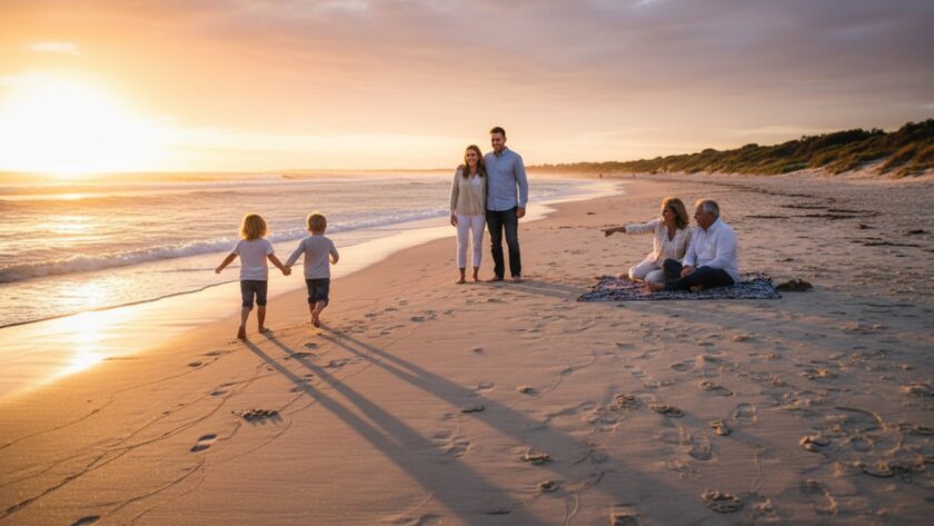 A genuine, joyful candid family moment captured on Balnarring Beach at sunset, with children laughing and playing in the golden light, showcasing authentic candid family moments Balnarring coast, professionally colour-graded.