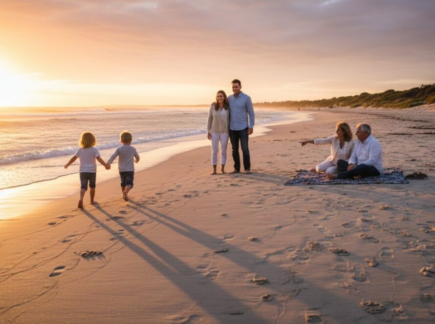 A genuine, joyful candid family moment captured on Balnarring Beach at sunset, with children laughing and playing in the golden light, showcasing authentic candid family moments Balnarring coast, professionally colour-graded.