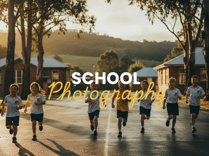 Atmospheric, moody street photography style image of students laughing and playing naturally in a sun-dappled Yarra Valley schoolyard at golden hour, with the title 'SCHOOL Photography' overlaid. The image subtly highlights the essence of capturing candid Yarra Valley school portraits.