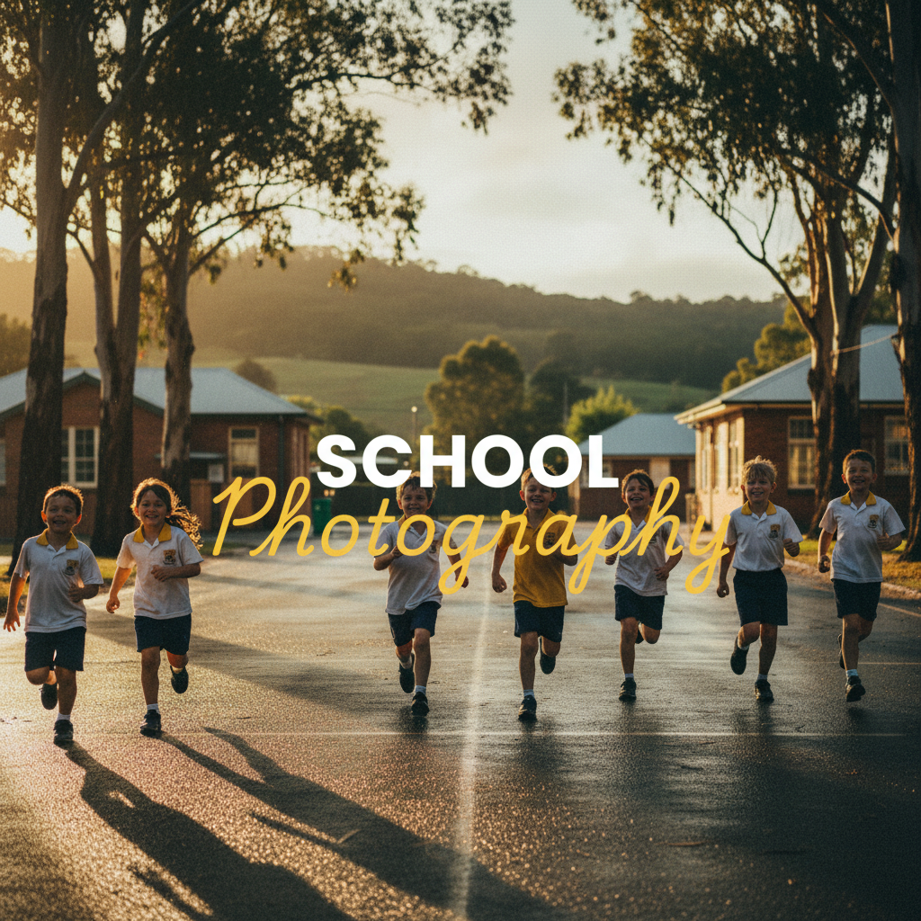 Atmospheric, moody street photography style image of students laughing and playing naturally in a sun-dappled Yarra Valley schoolyard at golden hour, with the title 'SCHOOL Photography' overlaid. The image subtly highlights the essence of capturing candid Yarra Valley school portraits.