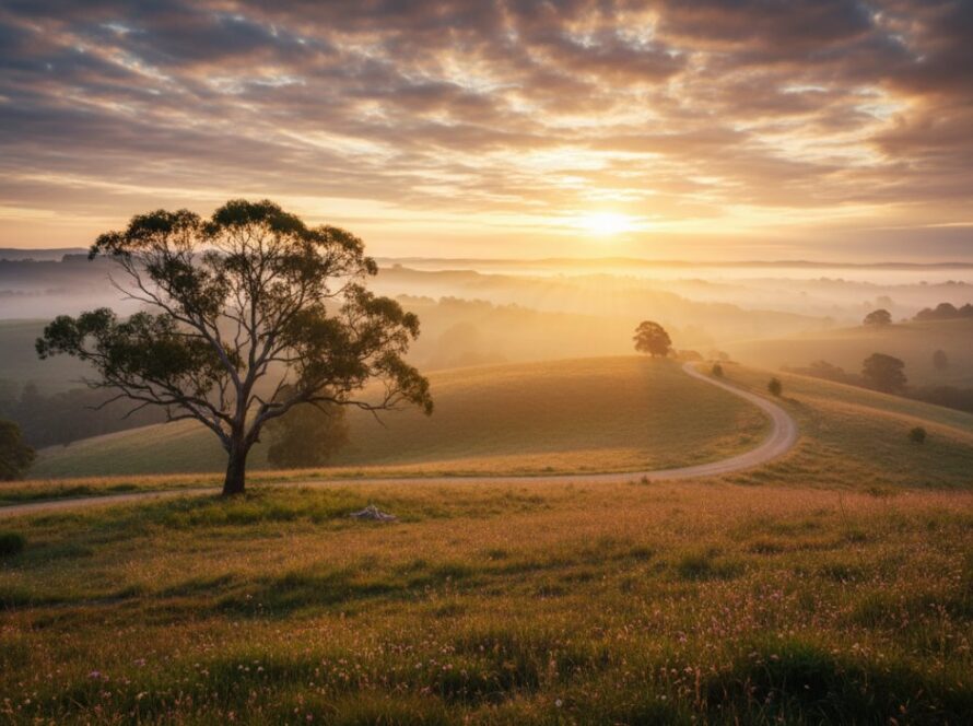 A wide-angle, epic moment photograph of Capturing Castella's Ethereal Landscapes Fine Art Photography, showcasing the mist-shrouded rolling hills of Castella, Victoria, at sunrise, with golden light breaking through the clouds over a winding country road, evoking a sense of tranquil grandeur.