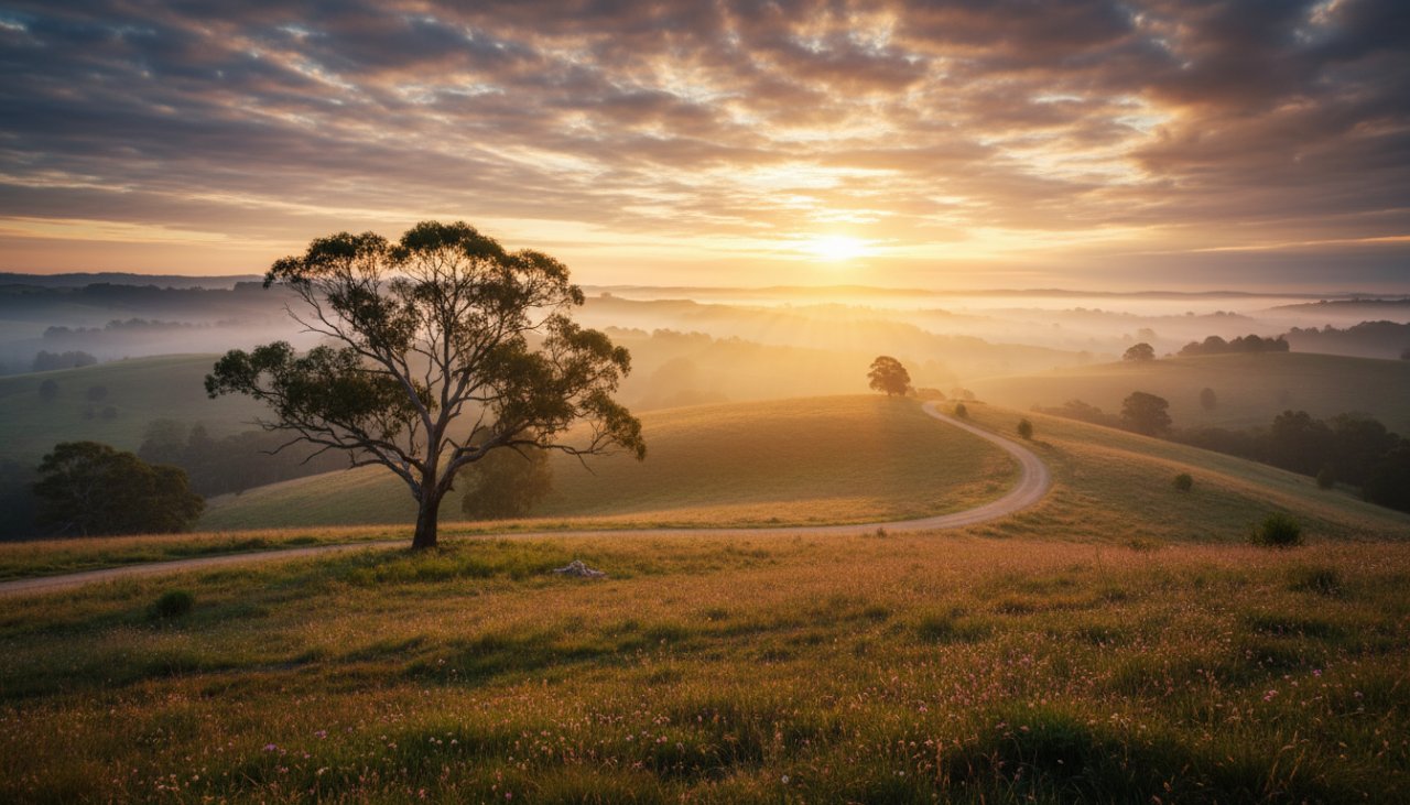 A wide-angle, epic moment photograph of Capturing Castella's Ethereal Landscapes Fine Art Photography, showcasing the mist-shrouded rolling hills of Castella, Victoria, at sunrise, with golden light breaking through the clouds over a winding country road, evoking a sense of tranquil grandeur.