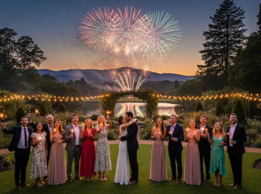 A joyous wide shot of guests laughing and raising glasses during a celebratory toast at a beautifully decorated outdoor event in Clematis, capturing cherished event photography Clematis memories under the golden hour sun, with Dandenong Ranges hills in the soft background.