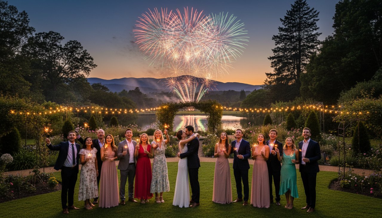 A joyous wide shot of guests laughing and raising glasses during a celebratory toast at a beautifully decorated outdoor event in Clematis, capturing cherished event photography Clematis memories under the golden hour sun, with Dandenong Ranges hills in the soft background.