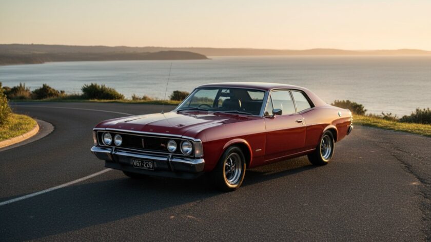 An epic moment capturing classic car beauty Bittern Victoria, featuring a sleek, vintage Australian muscle car parked at sunset with the Western Port Bay coastline in the background, golden hour light reflecting off its polished chrome, evoking power and nostalgia.