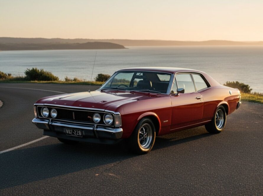 An epic moment capturing classic car beauty Bittern Victoria, featuring a sleek, vintage Australian muscle car parked at sunset with the Western Port Bay coastline in the background, golden hour light reflecting off its polished chrome, evoking power and nostalgia.