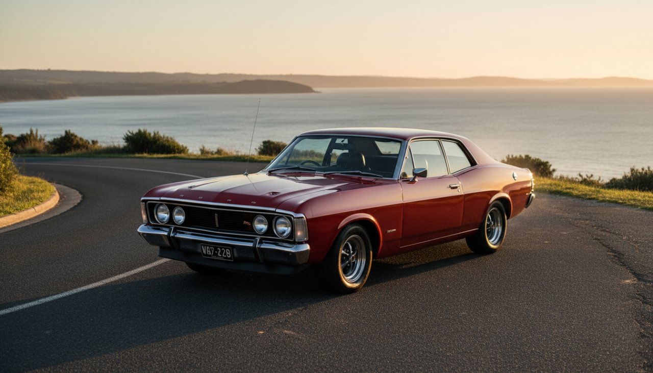 An epic moment capturing classic car beauty Bittern Victoria, featuring a sleek, vintage Australian muscle car parked at sunset with the Western Port Bay coastline in the background, golden hour light reflecting off its polished chrome, evoking power and nostalgia.