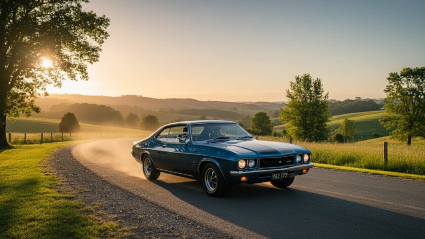 An epic moment photograph showcasing a gleaming vintage Holden Monaro GT during sunset, perfectly framed by the rolling hills near Launching, Victoria, Australia, emphasizing the 'Capturing Classic Car Moments Launching Victoria' theme with golden hour light.