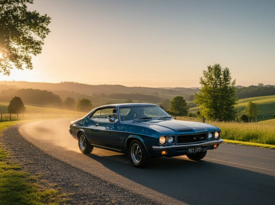 An epic moment photograph showcasing a gleaming vintage Holden Monaro GT during sunset, perfectly framed by the rolling hills near Launching, Victoria, Australia, emphasizing the 'Capturing Classic Car Moments Launching Victoria' theme with golden hour light.