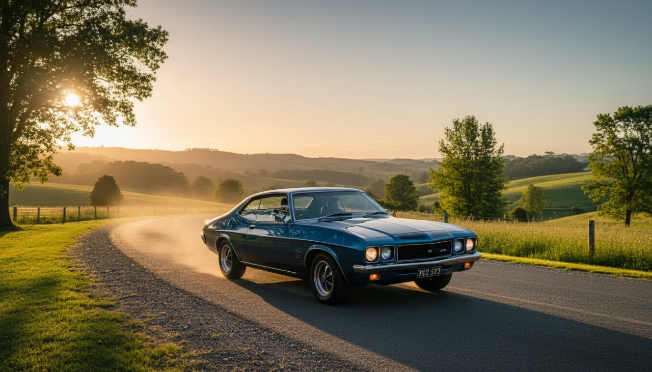 An epic moment photograph showcasing a gleaming vintage Holden Monaro GT during sunset, perfectly framed by the rolling hills near Launching, Victoria, Australia, emphasizing the 'Capturing Classic Car Moments Launching Victoria' theme with golden hour light.