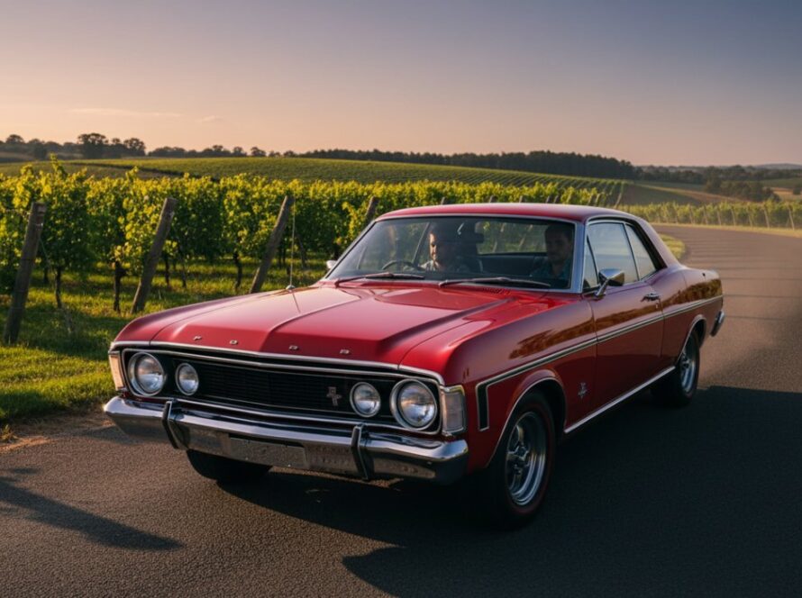 An epic moment of Capturing Classic Car Photography Coldstream, featuring a gleaming vintage Ford Mustang parked majestically on a winding road with the golden hour light illuminating the Yarra Valley vineyards in the background.
