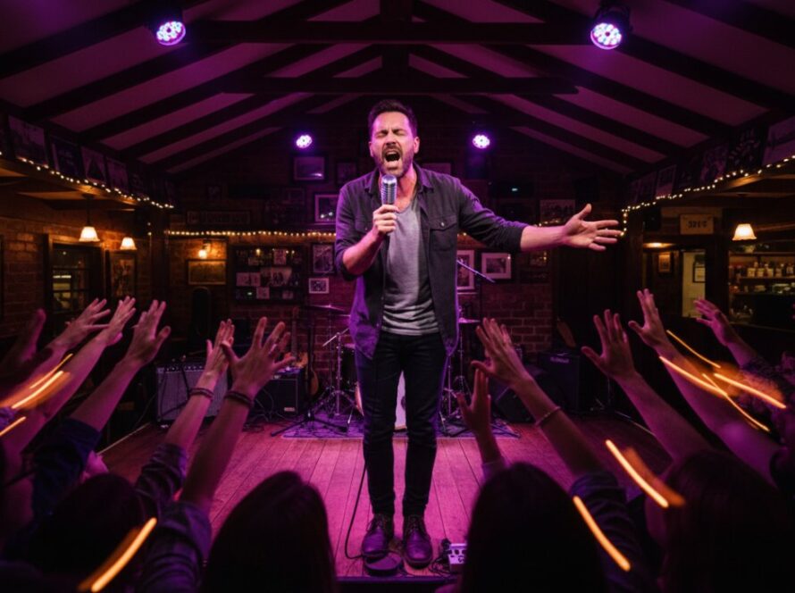 Dynamic wide-angle shot Capturing Clematis Intimate Pub Gigs Photography, featuring a lead singer bathed in dramatic purple stage light, audience hands raised, creating an epic moment of connection.